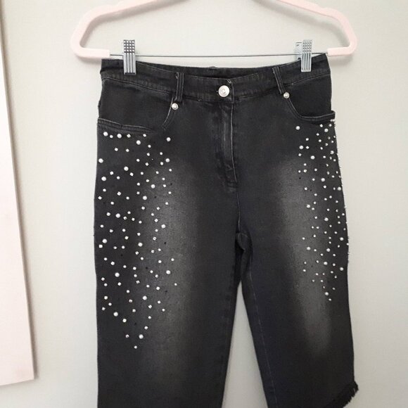 NWOT Christine Phillipe black wash denim shorts w/ faux pearl & crystals, 4 - Picture 7 of 11